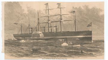 A sketch of massive steamship Great Eastern as it sails rough seas, with several smaller boats sailing in the foreground.