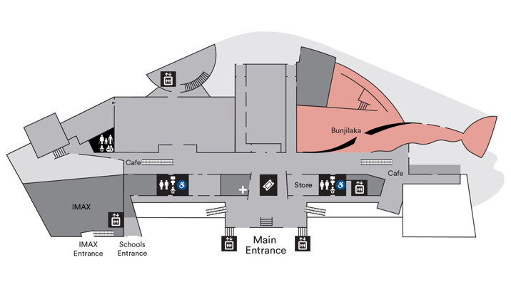 Map of Melbourne Museum, highlighting the Bunjilaka Aboriginal Cultural Centre.