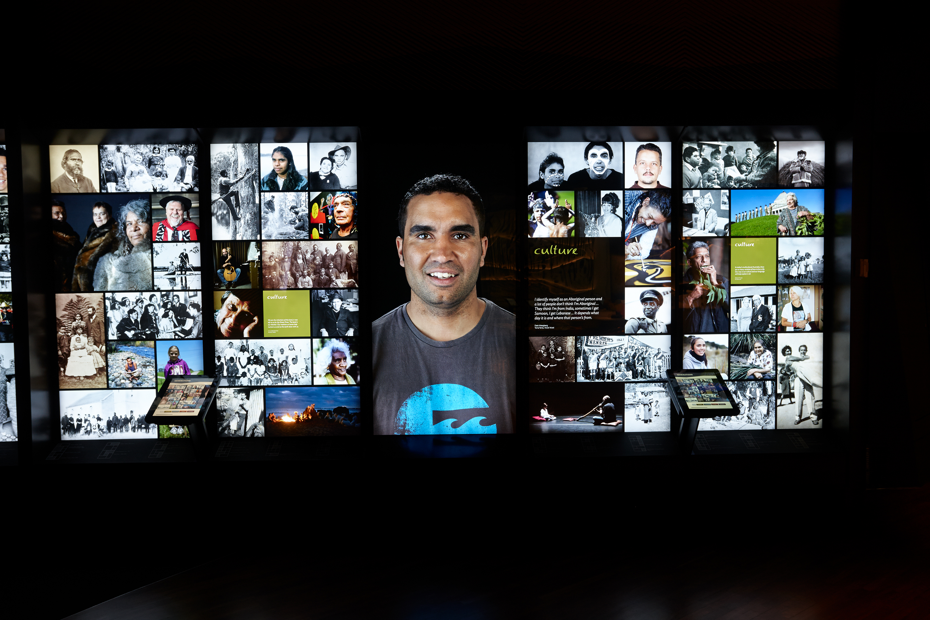 Display panels in the Generations section of First Peoples exhibition at Bunjilaka, Melbourne Museum. In the middle: a portrait of Dale Weegberg.