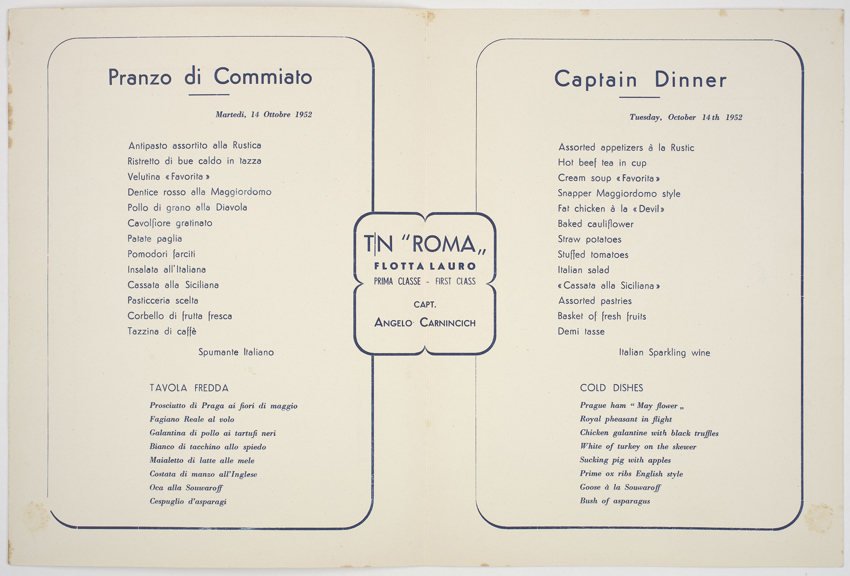 An old menu of Italian food with English translations.