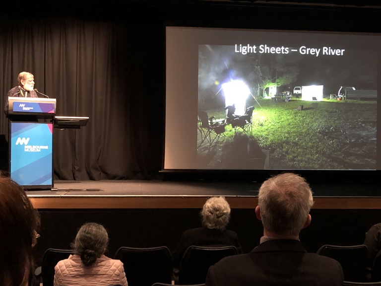 Peter Marriott and his slide illustrating equipment used for the Otways bioscan, 15 August 2019. 