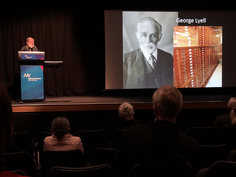 Peter Marriott’s slide of George Lyell later in life and the cabinets he made for the moth and butterfly collection he donated to Museums Victoria.
