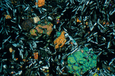 Crystals in basalt as seen under a microscope