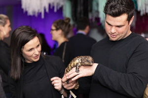 Lizard resting on a mans hand. A woman is looking on