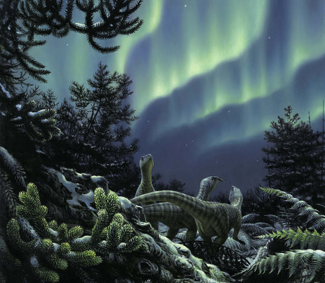 Three small dinosaurs browse on vegetation beneath the Southern Lights. 