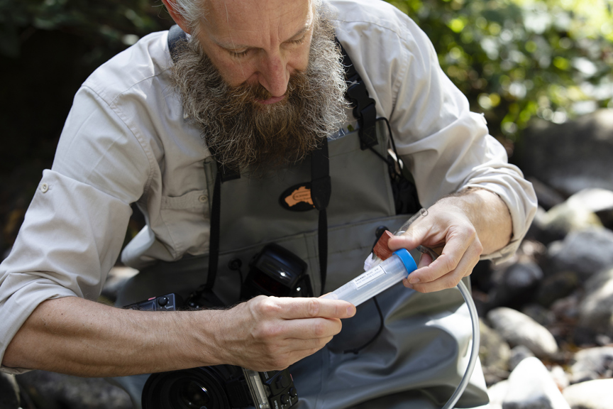 Curator Julian Finn photographing and collecting aquatic insects along the Wye River. Location: Australia, Victoria, Great Otway National Park, Wye River, At back of Wye River Big 4 Caravan Park, in river. Survey: Otways Bioscan OTB 2018 158