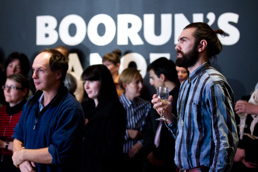 The crowd listening to speeches at the Boorun's Canoe exhibition opening