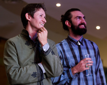 Photographer Cam Cope (left) and artist Steaphan Paton at the opening of Boorun's Canoe