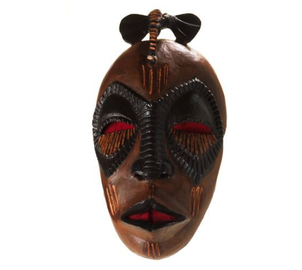 Mahogany mask painted and stained in black, brown and yellow. At the top of the mask is a carved head of an elephant with the trunk coming to the centre of the mask's forehead. 