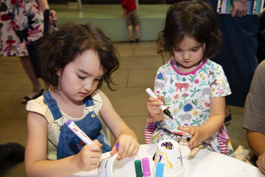 Children participating in the Biostime - Early Learners Space activity at 'Romp and Stomp' 2019, Melbourne Museum.