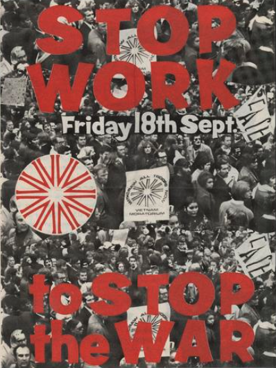 A leaflet promoting a demonstration picturing a large crowd of protesters.