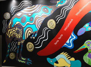 Section from the wall of the Birrarung Gallery featuring a 28 metre mural in honour of Victoria's 44 language groups