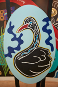 Black swan figure from the River of Language exhibition in Birrarung Gallery, Bunjilaka