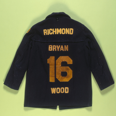 A customised duffel jacket with yellow players' names. 