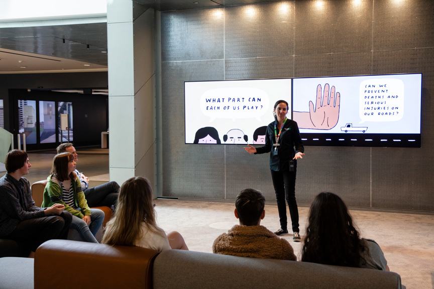 Road to Zero staff presenting Road To Zero educational program to a group of teenagers