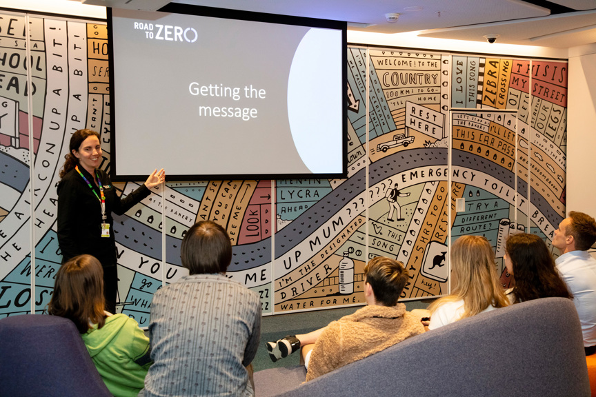 Road to Zero staff presenting Road To Zero educational program to a group of teenagers