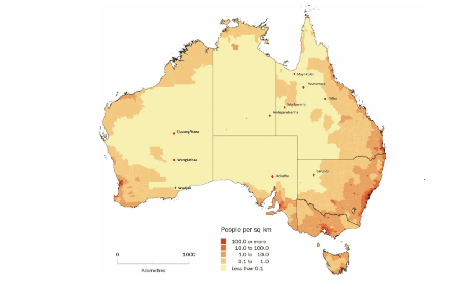 A map of Australia with 10 red dots scattered across it. 