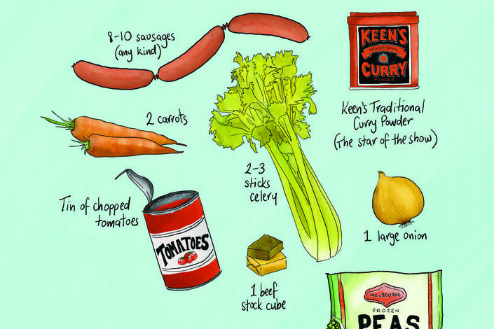 illustration of the ingredients need to make curry sausages
