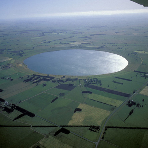 Aerial view of Lake Keilambete, maar volcano with tuff ring northwest of Terang.