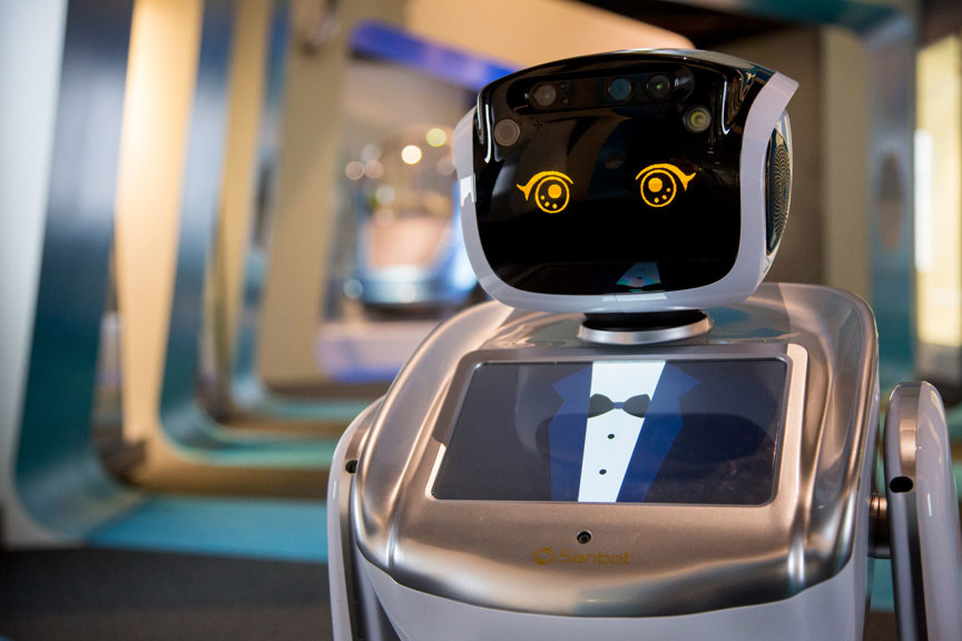 A robot in the entrance to the Think Ahead exhibition