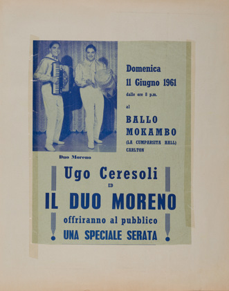 Page from a 36-page bound scrapbook collated by the Ceresoli family, containing newspaper advertisements, newspaper articles, posters and programs relating to the Mokambo Orchestra during the period 1952 to 1983