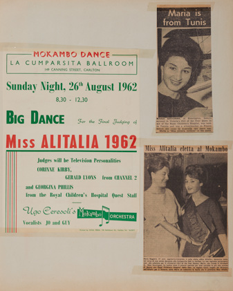 Page from a 36-page bound scrapbook collated by the Ceresoli family, containing newspaper advertisements, newspaper articles, posters and programs relating to the Mokambo Orchestra during the period 1952 to 1983