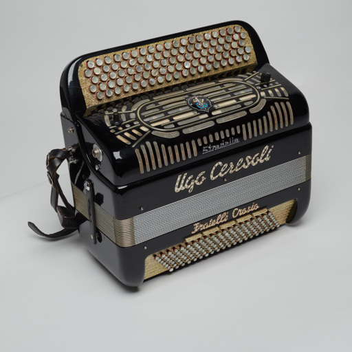 Button accordion belonging to Ugo Ceresoli, post-1950. The accordion was manufactured by Fratelli Crosio, Stradella, Lombardy, Italy.
