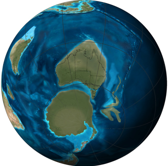 Orthographic or spherical map of global plate tectonic movement. Global paleogeographic reconstruction of the Earth
