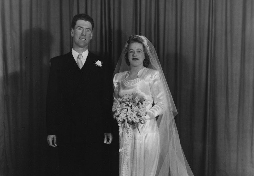 Black and white photo of a couple on their wedding day