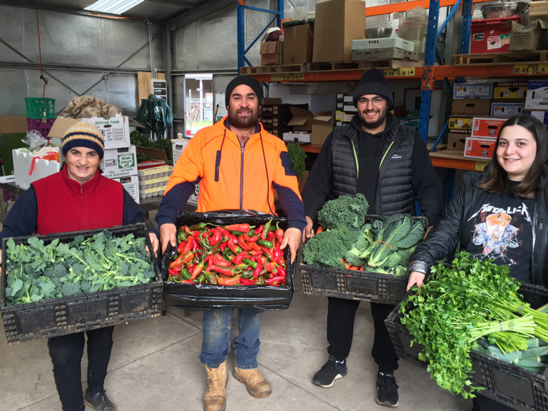 Four people posing with crates of vegetables