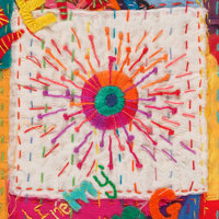 Detail hand embroidered quilt showing a virus 