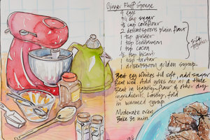 Sketch of a mixer with the recipe written on the page
