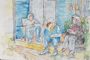Sketch of three teenage boys on the front porch