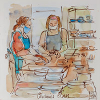 Sketch of woman in a ceramics studio