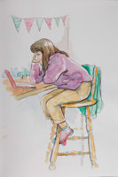 Sketch of a girl sitting at a bench looking at a laptop