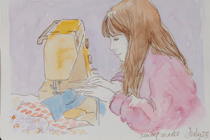 Sketch of a girl sewing masks