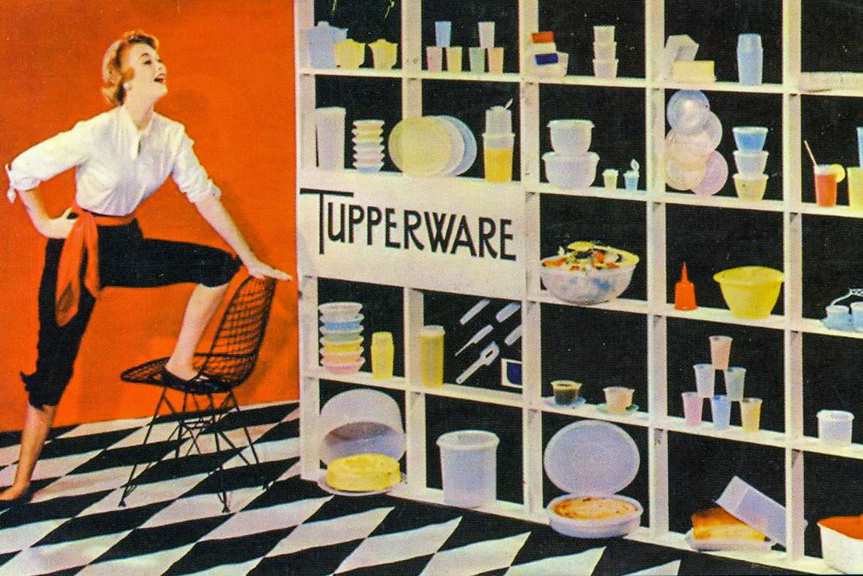 a colourful drawing of a woman with one foot on a chair in front of shelves of containers that reads tupperware