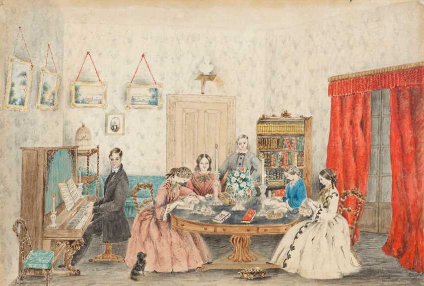 a painting of five women sitting around a round table stitching while a man sits at a piano to the left