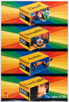 Poster featuring boxes of film on a rainbow background