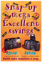 Poster with a yellow background featuring two models of cameras. On is list at $39.95 and the other "$59.95". The text "Snap-up mega excellent savings" is surrounded by film and batteries.