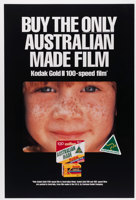 Poster with a black background featuring a close up image of a child's face. White text "Buy the only Australian made film" appears above the image and a box of film below.