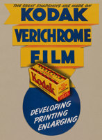 Poster printed in yellow, blue and red colour scheme with illustration of Kodak film box in centre.