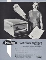 A  promotional flyer for a copier printed in black, white and grey blue. Features a woman standing next to the copier holding copies. There is text at the bottom of the page 