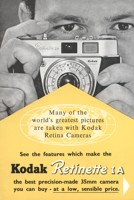 Publicity leaflet for the Kodak Retinette IA camera. Has a black and white image holding a camera to his face. The image is overlaid with a solid yellow house shape which has text on it.