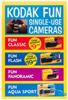 Rectangular glossy colour poster with yellow background, four coloured bands each promoting a different camera (pictured) and a photograph at the top left of an orangutan using a Kodak Fun Flash camera.