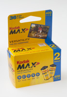 Small yellow box. Yellow, blue, red and black colour scheme. There is  a picture of film canister and a person riding a bike on the front