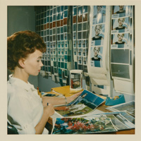 Woman wearing white looking at large print photographs