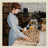 Woman wearing a blue dress standing at a table sorting cards