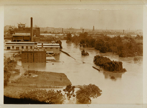 Buildings and trees surrounded by water.