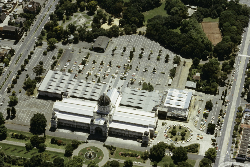 An aerial photograph of the Royal Exhibition Building carpark